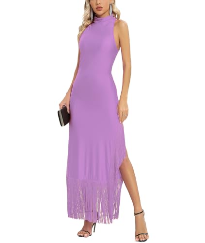 Image of Aigeman Women Vintage Flapper Dresses 1920s Great Gatsby Halter Fringed Maxi Dress Tassels High Split Formal Dress 19