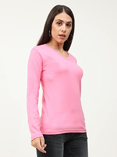 Image of FLEXIMAA Women's Cotton Plain V Neck Full Sleeve T-Shirt