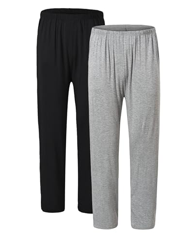 JINSHI Pantalones Largos de Pijama para Hombre Cómodo Pantalón de Estar de Modal con Bolsillos 2 Pack-Negro/Gris Claro Small