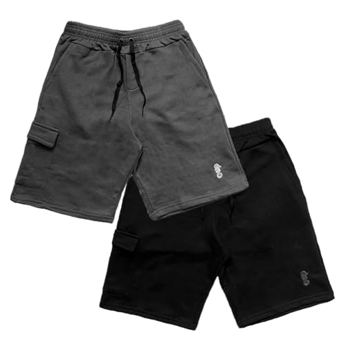 Kit 2 Bermudas Moletom Masculina Cargo Casual, Academia, Polo Marine (M, Kit 03 - Cinza chumbo + Pre