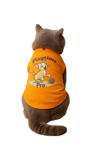 Image of Thunder Tails Printed Cat T-Shirt for Small to Large Cats & Kittens | Lightweight Breathable Cotton Pet Apparel | Cute & Stylish, Comfortable Round Neck Cat Clothes (L, Orange)