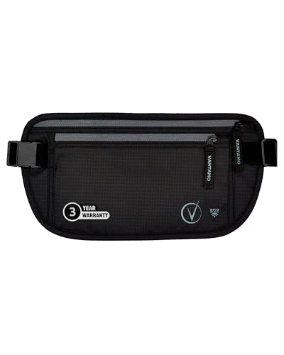 Vantamo Hidden Money Belt For Extra Safety, RFID Protected Ultra-Thin Fanny Pack, 2 Compartment Money Bag Fits Passport & Phone to Protect Valuables, Black Fanny Pack for Traveling & Hiking