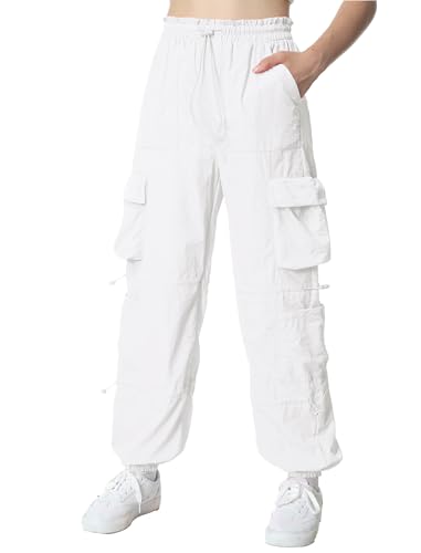 Image of EXARUS Girls Parachute Pants Cargo Hip Hop Wide Leg Baggy Y2K Teen | Tween Casual School Dance Streetwear with Pockets Elastic Waist Youth Junior Kids Bottoms Hiking 8-14Y