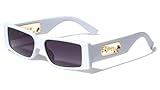Dweebzilla Slim Sleek Metal Jaguar Cut Out Retro Rectangular Sunglasses (White & Gold Frame - Black Gradient Lenses)