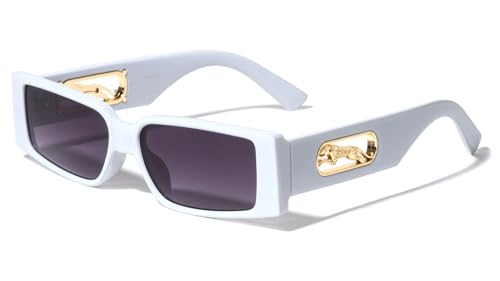 Dweebzilla Slim Sleek Metal Jaguar Cut Out Retro Rectangular Sunglasses (White & Gold Frame - Black Gradient Lenses)