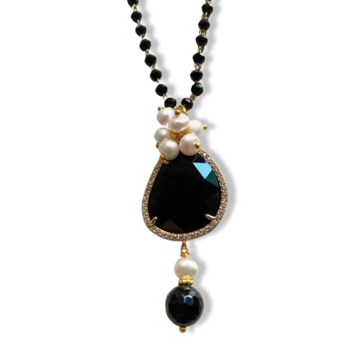 Pietre Dure di Prima Qualità Collana nera lunga in onice e perle