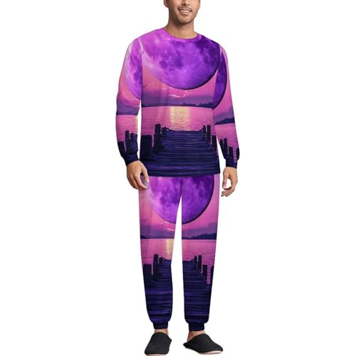 Landscape Bridge Full Moon Pajama Set Long Sleeve Lounge Sets Sleepwear 2 Pjs Nightwear for Men Women