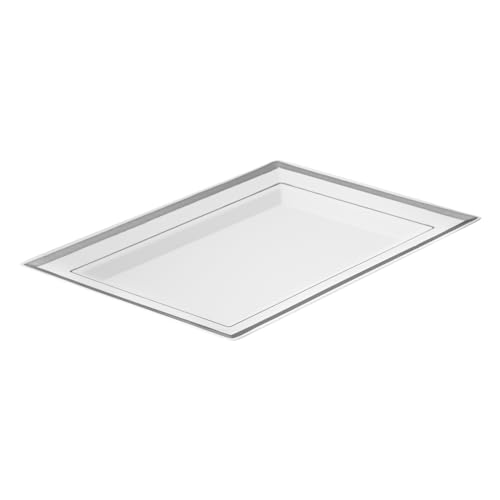 Restaurantware Rectangular Serving Plates 10 Count 7.5 x 5.25 Inch Silver-Rimmed Plastic White Disposable Buffet Plates Greaseproof Elegant Dinner Plates Warm and Cold Food Friendly