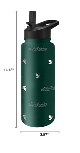 Image of Logo Brands NCAA Michigan State Spartans Step & Repeat 34 oz Stainless Steel Quencher Bottle - All Over Logo Design, No-Spill Lid, Easy Carry Handle - Keeps Drinks Cold For Hours