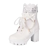 BEAUPAS Women's Platform Ankle Boots with Lace Pearl Chain Bow Chunky High Heel Goth Combat Boots(White,7)