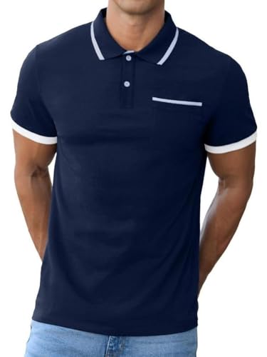 QIXING Herren Polohemd Baumwolle Kurzarm - Golf Business Casual T-Shirt mit Brusttasche, Atmungsaktiv für Freizeit & Sport Sommer 2025 Marineblau L