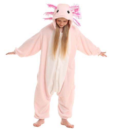 Magicmode Kids Pink Axolotl Onesie Pajamas Soft Flannel Halloween Cosplay Costumes for Boys Girls