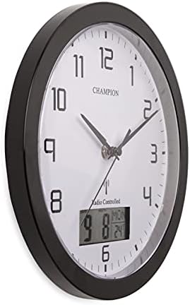 Champion 25cm MSF Radio Controlled Quartz wall clock with inset LCD display with day/date - Black