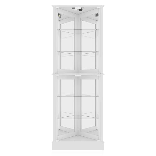 Image of BELLEZE Lighted Accent Corner Display Curio Cabinet with Tempered Glass Doors and Shelves, Classic Wood Cabinet w /Bulb, Corner Curio Storage Rack for Living Room, Bed-Room and Kitchen (White)