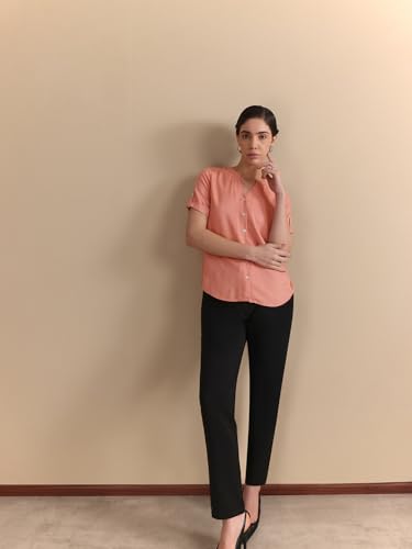 Image of FableStreet Women Formal Top | Asymmetrical Button Placket Band Collar Three-Quarter Sleeves | Pure Cotton Smooth Fabric for Office & Workwear