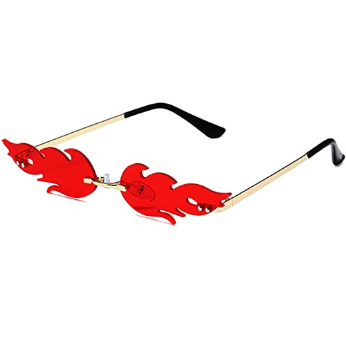 Breaksun Fire Flame Sunglasses for Women Men Retro Narrow Fire Shaped Rimless Flame Shades Halloween Party Red Glasses (Gold/Red)