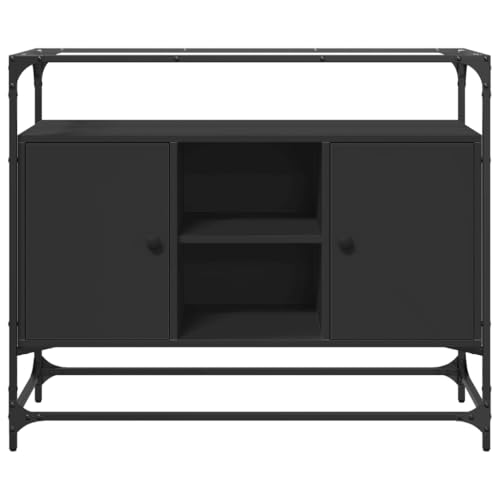 LoogCape Black Sideboard with Glass Top - 98x35x81 cm Engineered Wood Storage Unit, Modern Credenza for Living Room & Dining Area - Image 4