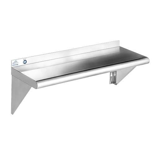 ROCKPOINT Stainless Steel Shelf 12 x 30 Inches 280lb, NSF Metal Commercial Shelves Wall Mount Floating Shelving with Backsplash for Restaurant, Kitchen, Home and Hotel, Silver