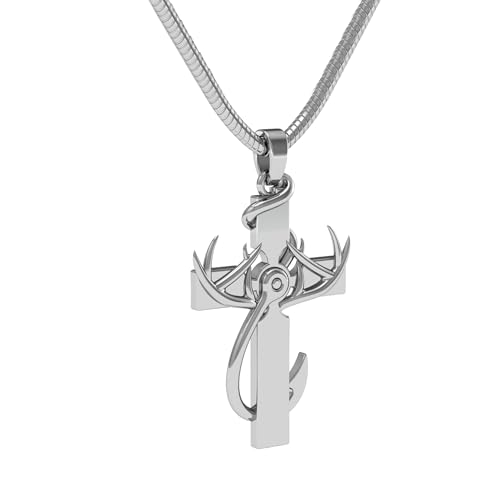 Hunting, Faith & Fishing Cross Pendant - Unisex Silver Jewelry - Cross Necklace for Men and Women - Silver Necklace - Antler Necklace for Women and Men