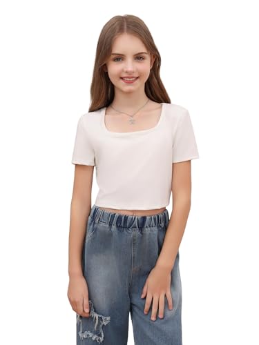 SOLY HUX Girl's Crop Tops Cute Clothes 3 Pack Square Neck Short Sleeve T Shirts Basic Slim Fitted Tees3