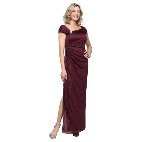 Image of Alex Evenings Women's Long L-Neck Glitter Mesh Mother of the Bride Dress with Ruched Neckline