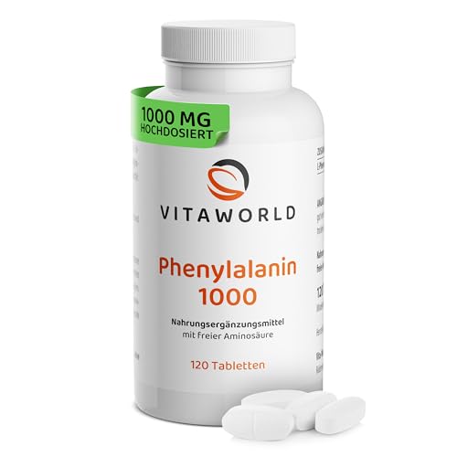 Phenylalanin Tabletten - L-Phenylalanin hochdosiert 1000mg pro Tag (120 vegane Tabletten) - essentielle Aminosäure zur Unterstützung des Körpers - laborgeprüft, ohne Zusätze, glutenfrei - vitaworld