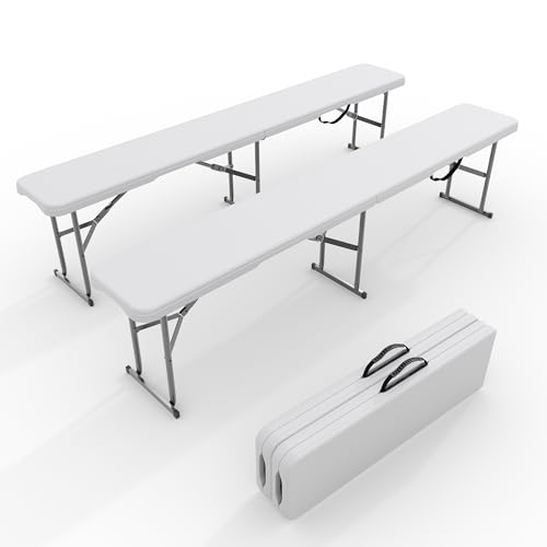 Garvee 6FT Folding Bench 2 Pack, Plastic Portable Folding Bench Seat with Carry Handle & Lock for in/Outdoor Activities, Picnic, Soccer, Caming Dining Seat, White White 2 Pack