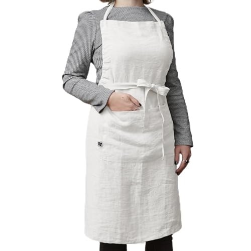Tablier en lin lavé français 160 g/m² ajustable 70 x 85 cm pour cuisine et maison Soline Blanc