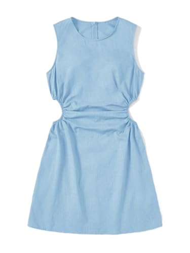 Summer Short Dresses for Women 2025 Cutout Waist Ruched Side Round Neck Dress Short Dress