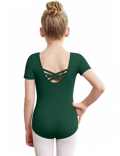 Image of Zaclotre Girls Gymnastics Leotards Crisscross Back Ballet Dance Outfits | Team Basic Leotard,Classic Short Sleeve,Hollow Back,High Stretch,Perfect Fit,Soft Cotton,Breathable,Ballerina Costume