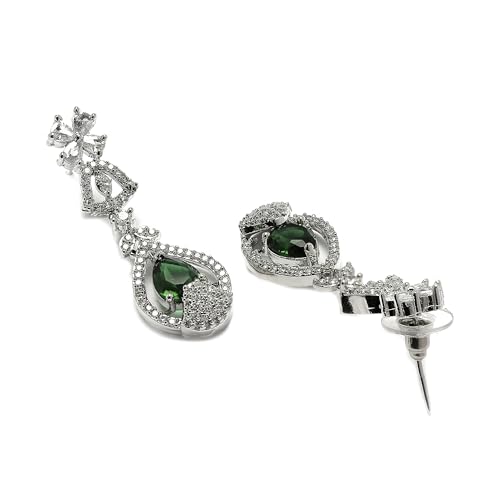 Image of ZENEME Rhodium-Plated Silver-Toned Emerald-Cut American Diamond Floral Link Necklace Set with Pear Drop Earrings for Women & Girls