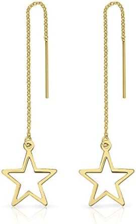 DTPsilver® 925 Sterling Silver, Yellow or Rose Gold Plated Pull Through/Thread Style Drop Chain Earrings and Cut-out Star - Length: 84 mm - Star Dimension: 14 x 17 mm
