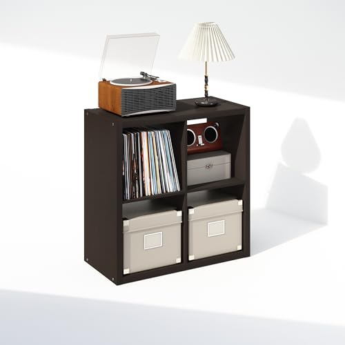 Image of Furinno Cubicle Record Player Stand, 4-Cube Record Storage, Dark Oak