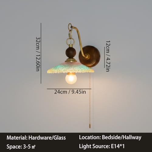 Aplique de pared moderno E14 para lámpara de noche con pantalla iridiscente y base de madera 6