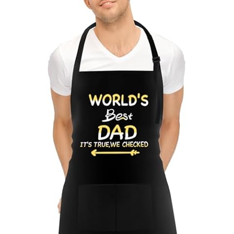 FunChaos BBQ Apron for Men, World's Best DAD, Adjustable Black Apron with 2 Pockets, Personalised Apron for Men Dad Husband Boyfriend Grandfather (Water Resistant) Cover