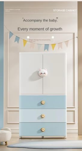 Image of Kids Plastic Collapsible Wardrobe Organizer for Storage with Drawers | Cute Cartoon Design | Heavy Duty Runner Rug Floor Mat Carpets Organizer Bedroom, Living Room (Blue-Bear, 1+3-Door)