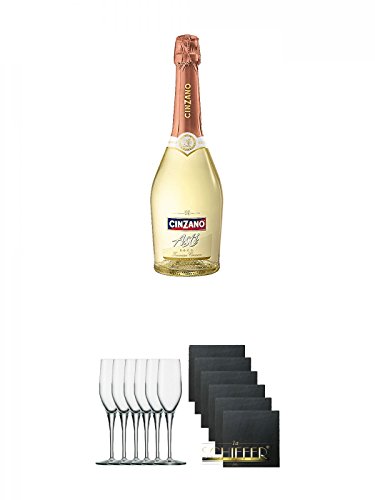 Asti Spumante 0 75 Liter + Stölzle Exquisit Sektkelch 6er Pack + Schiefer Glasuntersetzer eckig 6 x ca. 9 5 cm Durchmesser