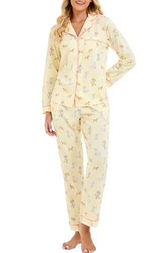 Image of LUBOT 100% Cotton Pajamas for Women Pajama Set 2 Piece PJ Sleepwear Set Soft Ladies Button Knit Long Sleeve Loungewear XS-XXL