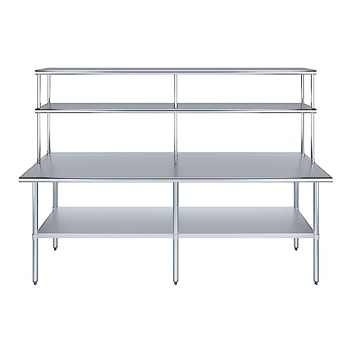 Image of AmGood Stainless Steel Work Table with 12 inch Wide Double Tier Overshelf | Metal Kitchen Prep Table & Shelving Combo | NSF (Stainless Steel Table with Double Overshelves, 96 inch Long x 24 inch Deep)