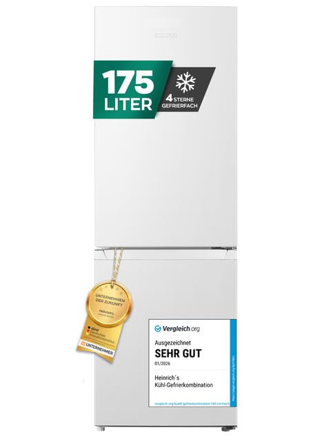Heinrich´s Kühlgefrierkombination 175Liter, XXL, kühlschrank mit gefrierfach, Kühlvolumen 122L, Gefrierfach 53L, leise 39dB,große Tiefkühlboxen, 7 Temperaturstufen (Energieklasse E, Weis)