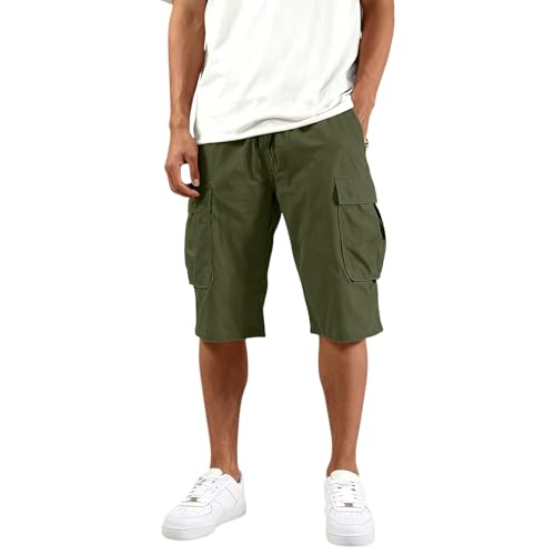 Tactical Mens Athletic Shorts with Pockets Plus Size Elastic Waist Drawstring Mens Shorts Cargo Big and Tall Summer Casual Solid Color Below The Knee Length Short Fashion Capri Short Army Green-XL