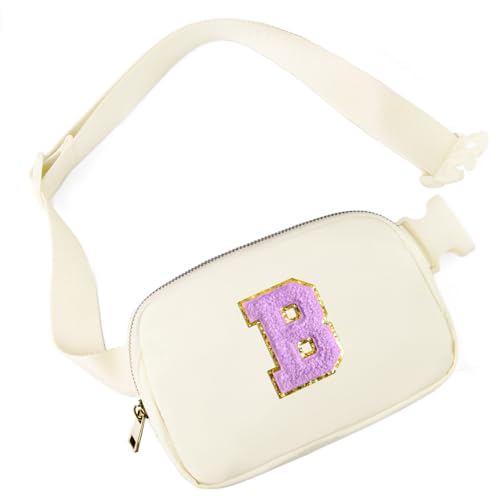 Image of Gitus Gifts for 8 9 10 11 12 Year Old Girls Belt Bag Fanny Pack Crossbody Bags with Initial Letter Patch Cute Stuff Birthday Gifts for Teen Girls Women Personalized Trend Stuff (Ivory-B)