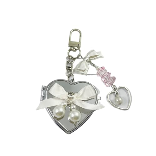 Genérico Perla bowknot llavero de metal con espejo en forma de corazón, Y2K estilo bolsa llavero, dulce fresco Moda auricular Cámara colgante
