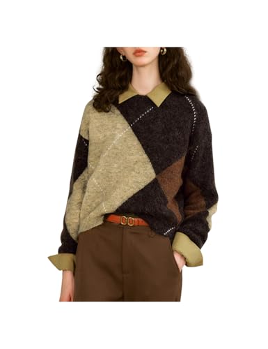 Women's Crewneck Argyle Colour-Blocking Fuzzy Long-Sleeve Pullover Sweater Multicolor
