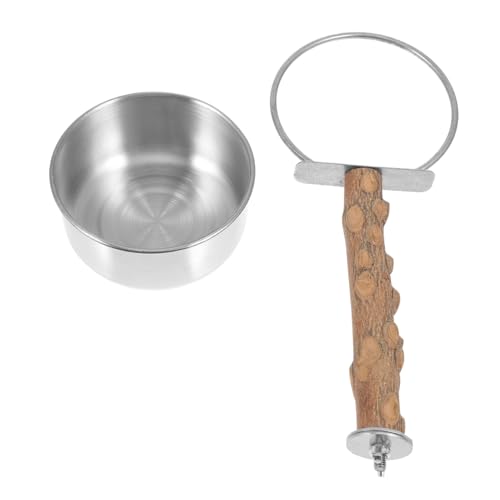 Totority Parrot Stand Perch Wood Bird Feeder Stainless Steel Bowl Parrot Food Cup Stand Bird Decorative Item