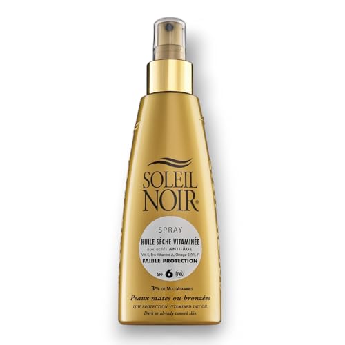 Soleil Noir - Huile Sèche Vitaminée SPF6 Faible Protection - Peaux Mates et Bronzées - Actifs Anti-Âge et Vitamines - Fabrication Française - Flacon Pompe, 150 ml