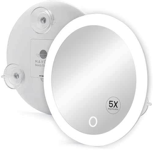 Mavoro 6.8 LED Magnifying Mirror with 3 Strong Suction Cups | 5X Magnification | Portable Lighted Travel Makeup & Cosmetic Mirror with Light (4 AAA Battery Operated | 5X)