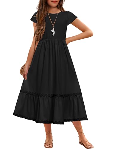 Arshiner Girls Summer Maxi Dresses Short Sleeve Casual Flowy Tiered Dress with Pockets for 4-14 Years