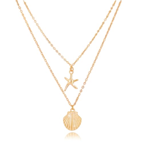 Tgirls Boho Layered Starfish Necklace Seashell Pendant Necklaces Chain for Women