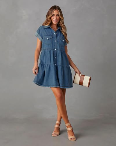 Image of HBQ Women's Casual Babydoll Denim Shirt Dresses Short Sleeve Loose Fit Button Down Mini Jean Dress